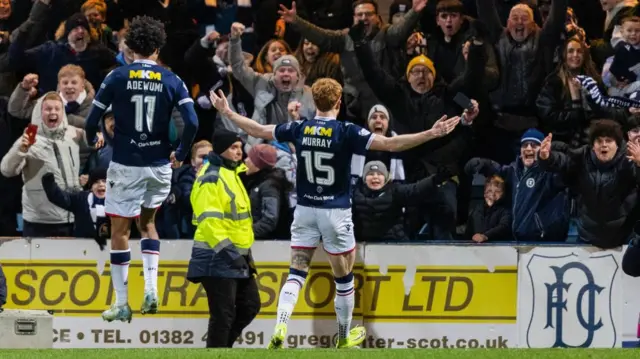 DUNDEE, SCOTLAND - JANUARY 02: Dundee's Simon Murray celebrates after scoring to make it 1-0 during a William Hill Premiership match between Dundee and Dundee United at the Scot Foam Stadium at Dens Park, on January 02, 2025, in Dundee, Scotland.  (Photo by Ross Parker / SNS Group)