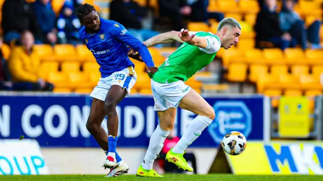 St Johnstone's Benjamin Kimpioka and Hibernian's Lewis Miller