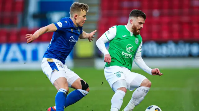 St Johnstone's Sven Sprangler closes down Hibernian's Nicky Cadden