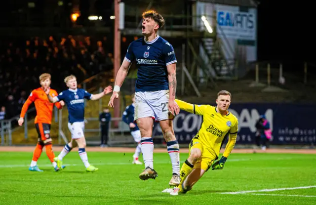 DUNDEE, SCOTLAND - JANUARY 02: Dundee's Seb Palmer-Houlden in action during a William Hill Premiership match between Dundee and Dundee United at the Scot Foam Stadium at Dens Park, on January 02, 2025, in Dundee, Scotland.  (Photo by Ewan Bootman / SNS Group)