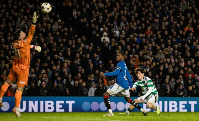 GLASGOW, SCOTLAND - JANUARY 02: Celtic's Kyogo Furuhashi scores before it is ruled out by VAR for offside during a William Hill Premiership match between Rangers and Celtic at Ibrox Stadium, on January 02, 2025, in Glasgow, Scotland.  (Photo by Craig Williamson / SNS Group)