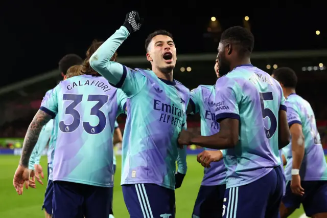 Arsenal's Gabriel Martinelli celebrates scoring against Brentford