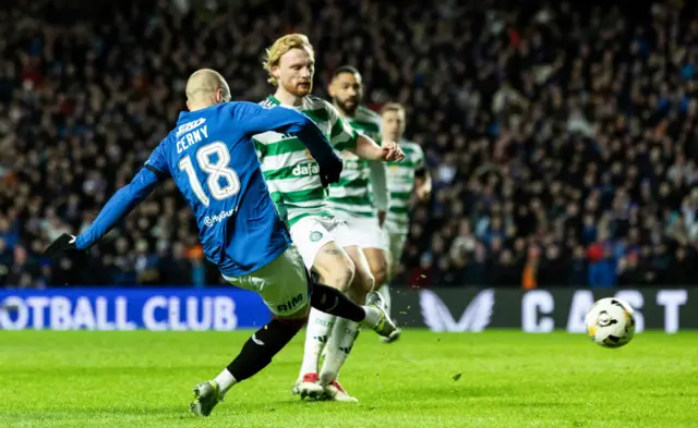 GLASGOW, SCOTLAND - JANUARY 02: Rangers' Vaclav Cerny hits the post with a second half chance during a William Hill Premiership match between Rangers and Celtic at Ibrox Stadium, on January 02, 2025, in Glasgow, Scotland.  (Photo by Craig Foy / SNS Group)