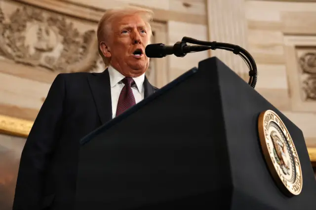 President Donald Trump speaks during inauguration ceremonies in the Rotunda