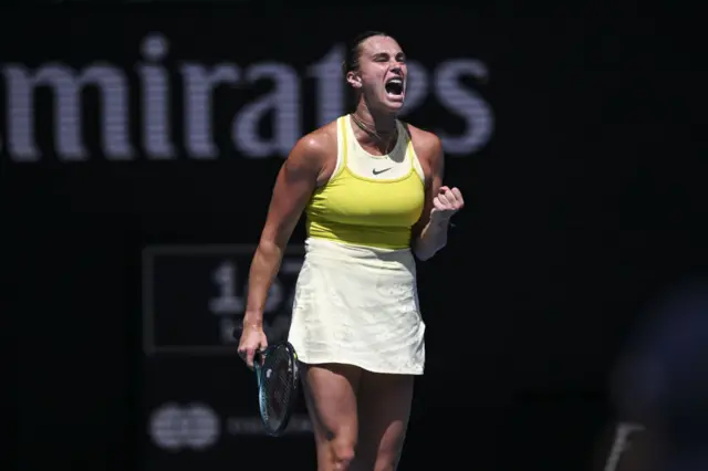 Aryna Sabalenka reaction after scoring a point against Mirra Andreeva