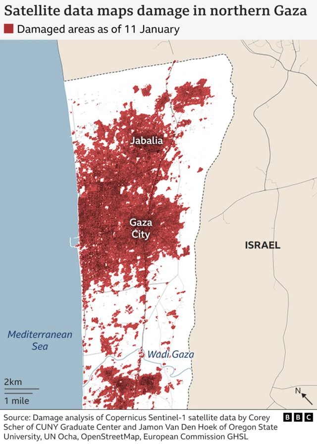 Map showing damage analysis of northern Gaza. The map shows the northern section of the Strip with indications for Jabalia in the north, Gaza City in the centre and the Wadi River in the south. Large areas around Gaza City and Jabalia are marked in red to indicated the extent of the damage