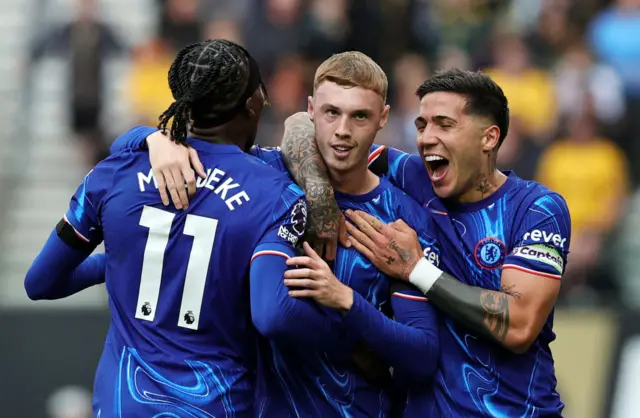 Palmer, Fernandez and Madueke celebrate a goal