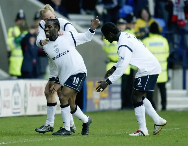 Jay Jay Okocha celebrates scoring against West Ham