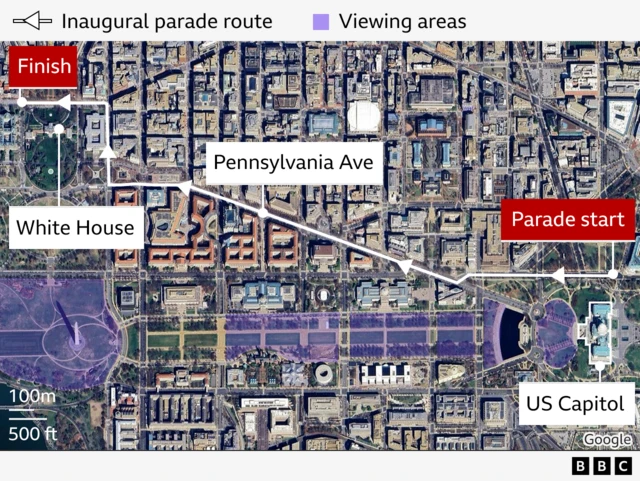 A map of the US Capitol and surrounding areas in Washington DC with a line showing the parade route for Donald Trump’s inauguration, which travels from the Capitol along Pennsylvania Ave to finish at the White House