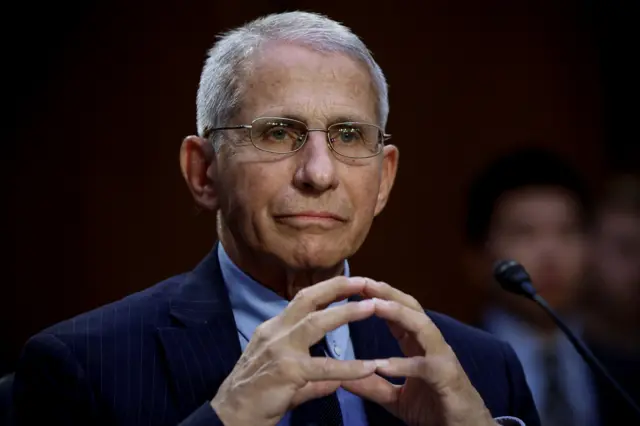 Anthony Fauci with his hands clasped together during a hearing