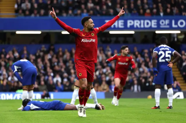 Cunha celebrates scoring at Stamford Bridge in 2024