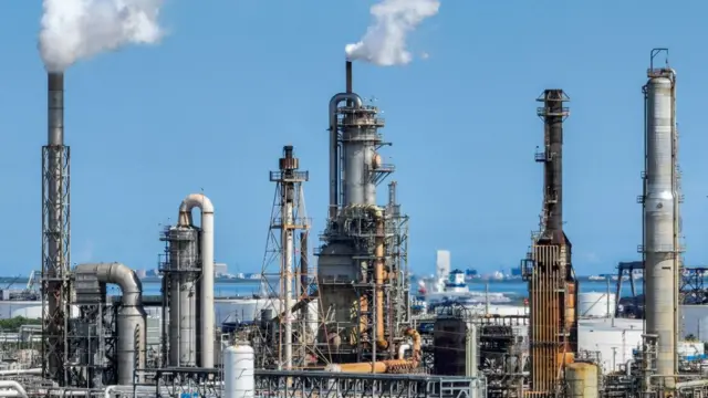 In an aerial view, an oil refinery is seen on September 07, 2022 in Texas City, Texas