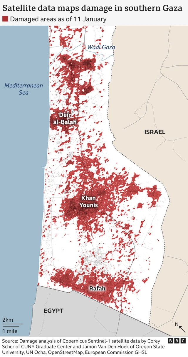 The map shows the southern section of the Strip with indications for Deir al-Balag. Large areas around the three cities are marked in red to indicated the extent of the damage