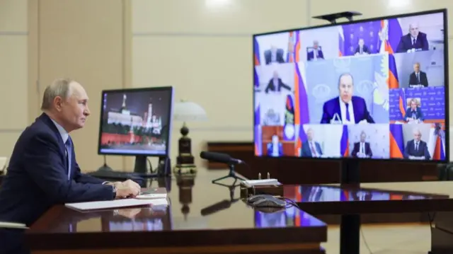 Russian President Vladimir Putin chairs a meeting with members of the Russian Security Council via video link at the Novo-Ogaryovo state residence outside Moscow, Russia January 20, 2025.