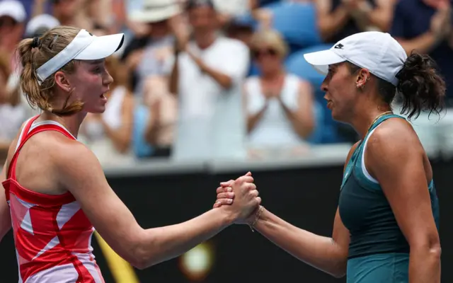 USA's Madison Keys (R) greets Kazakhstan's Elena Rybakina (L) after her victory