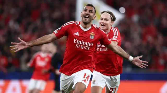 Benfica's Vangelis Pavlidis celebrates scoring their third goal