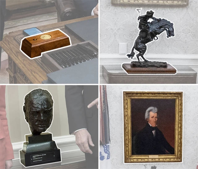 Four images making a square: a valet button, the Bronco Buster, Andrew Jackson portrait and bust of Winston Churchill