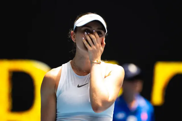 Paula Badosa of Spain reacts to defeating Coco Gauff of the United States