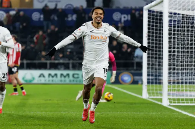 Florian Bianchini of Swansea City celebrates his goal