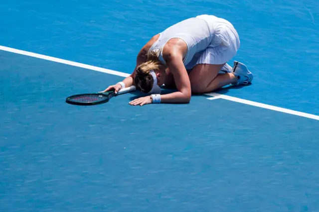 Paula Badosa of Spain celebrates match point against Coco Gauff