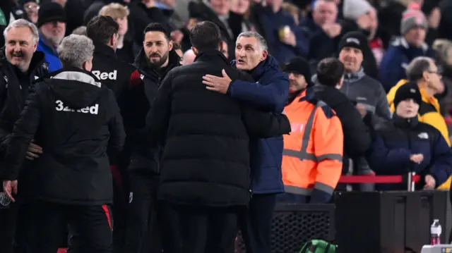 Tony Mowbray manager of West Bromwich Albion greets Michael Carrick manager of Middlesbrough