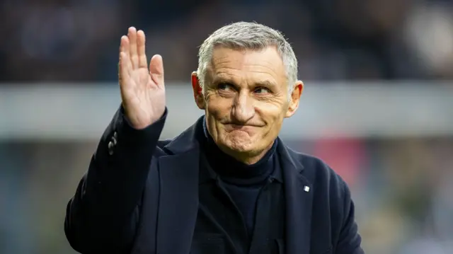 Tony Mowbray waves to the West Brom fans after being unveiled at The Hawthorns