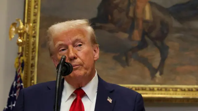 Trump speaks in the White House with a US flag and painting in the background