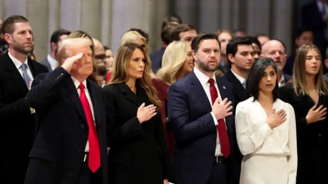 From left to right: President Donald Trump, First Lady Melania Trump, Vice-President JD Vance, Second Lady Usha Vance at Washington National Cathedral taking part in a multi-faith service