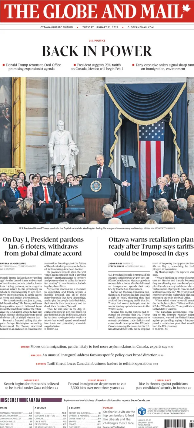 A copy of the front page of the Globe and Mail on 21 Jan 2025, featuring several articles on the Trump administration.