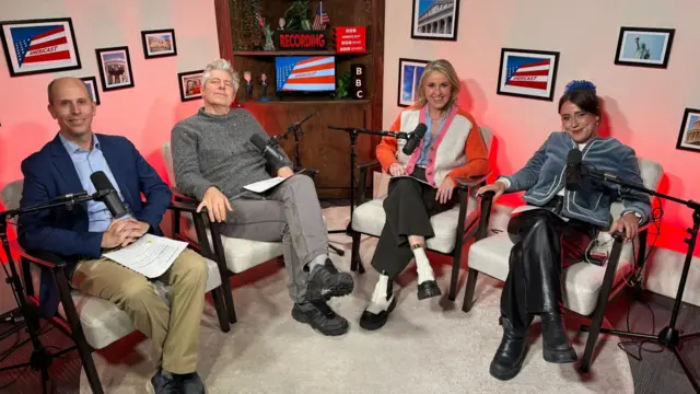 From left to right Anthony Zurcher, Justin Webb, Sarah Smith and Marianna Spring sat together with microphones in the Americast studio in Washington DC. Copyright: BBC