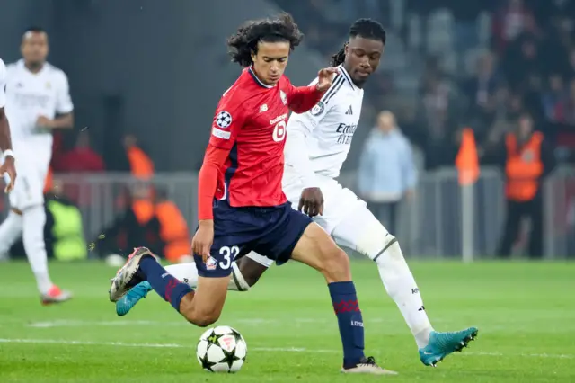 Lille midfielder Ayyoub Bouaddi and Real Madrid's Eduardo Camavinga