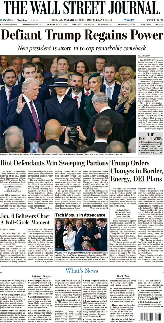 A copy of the front page of the Wall Street Journal on 21 Jan 2025.