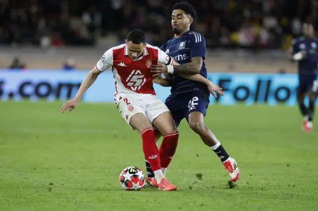 Vanderson (L) of AS Monaco and Ian Maatsen (R) of Aston Villa in action during the UEFA Champions League league phase match between AS Monaco and Aston Villa FC