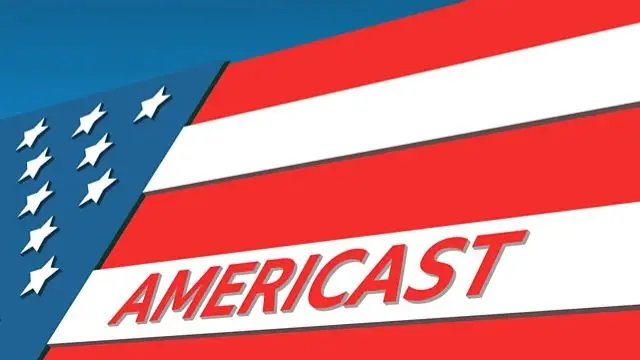 The Americast logo: The word Americast appears across a US flag. Above it, on a blue background is the BBC logo