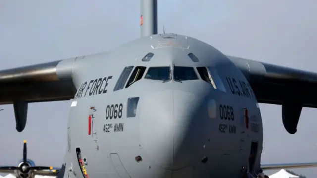 Front of Air Force C-17 Globemaster on ground at a fair