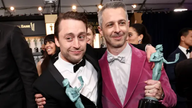 Kieran Culkin and Jeremy Strong attends the 28th Screen Actors Guild Awards at Barker Hangar on February 27, 2022 in Santa Monica, California