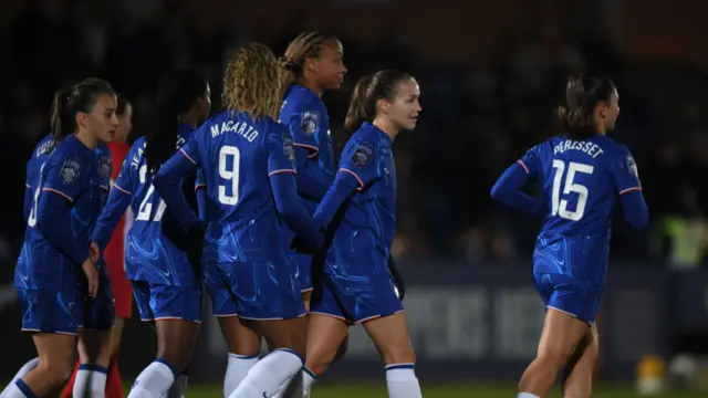 Guro Reiten of Chelsea celebrates with teammates after scoring her team's fourth goal during the Subway Women's League Cup match between Chelsea and Durham