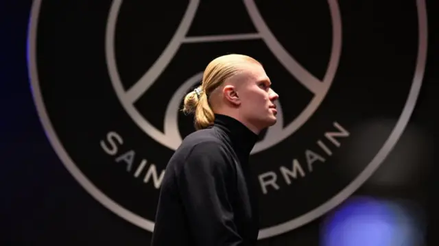 Erling Haaland during Man City's pre-PSG press conference