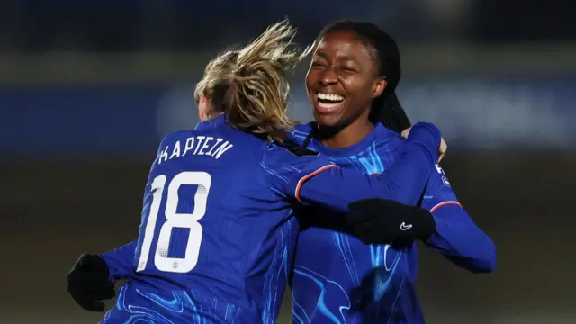 Oriane Jean-Francois of Chelsea celebrates scoring her team's second goal with team mate Wieke Kaptein during the Subway Women's League Cup match between Chelsea and Durham