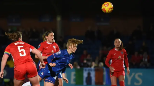 Aggie Beever-Jones of Chelsea scores her team's first goal during the Subway Women's League Cup match between Chelsea and Durham