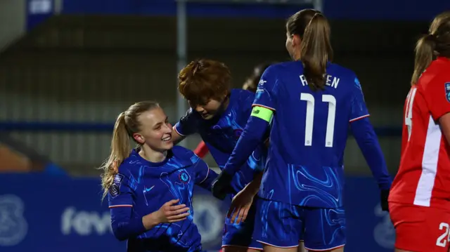 Chelsea's Aggie Beever-Jones celebrates with Guro Reiten and Maika Hamano after scoring their first goal