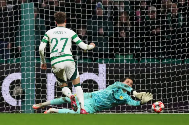 BSC Young Boys' Marvin Keller saves a penalty from Celtic's Arne Engels