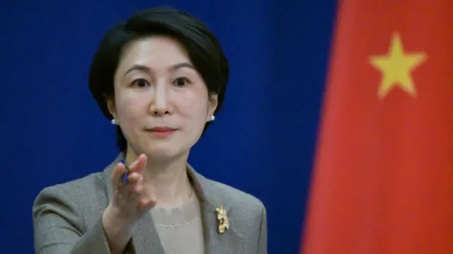 Mao Ning speaking at a lectern in front of a China flag at a press conference