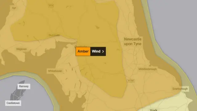 A map with an amber weather warning for wind over the whole of the North East and Cumbria.