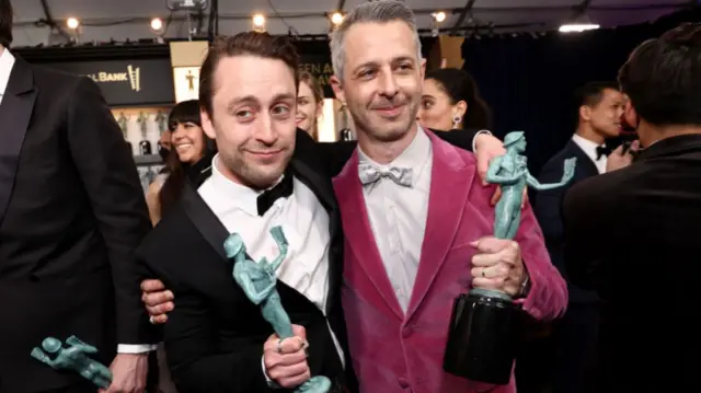 Kieran Culkin and Jeremy Strong attends the 28th Screen Actors Guild Awards at Barker Hangar on February 27, 2022 in Santa Monica, California