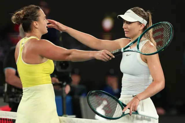 Aryna Sabalenka and Paula Badosa hug