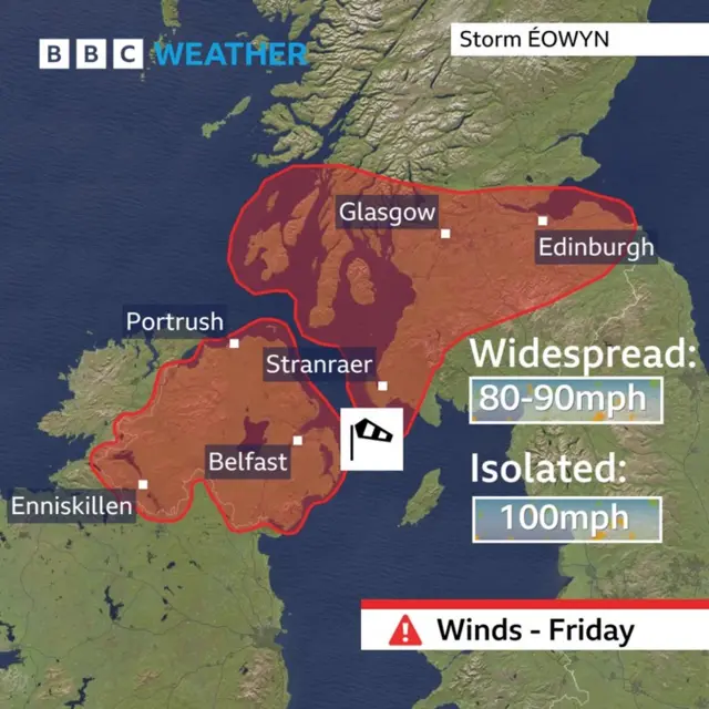 Weather graphic showing areas of Norther Ireland and Scotland affected by the storm in red with indication of expected wind gusts of 80-90mph and isolated gusts of 100mph