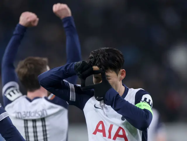 Son heung min does his sigunature polaroid celebration after scoring v Hoffenheim