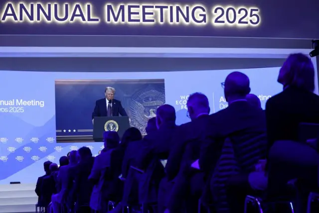 U.S. President Donald Trump makes a special address remotely during the 55th annual World Economic Forum (WEF) meeting in Davos