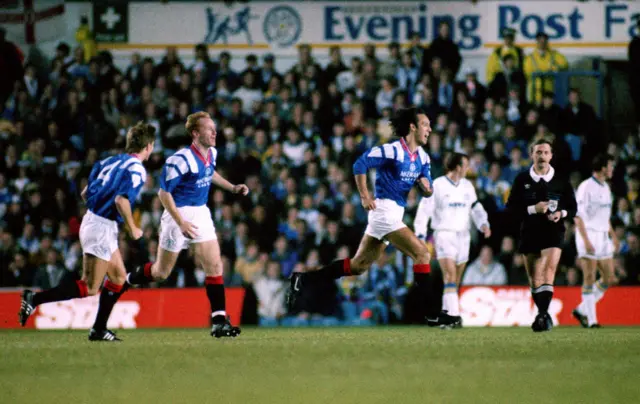 Mark Hateley celebrates his goal at Elland Road